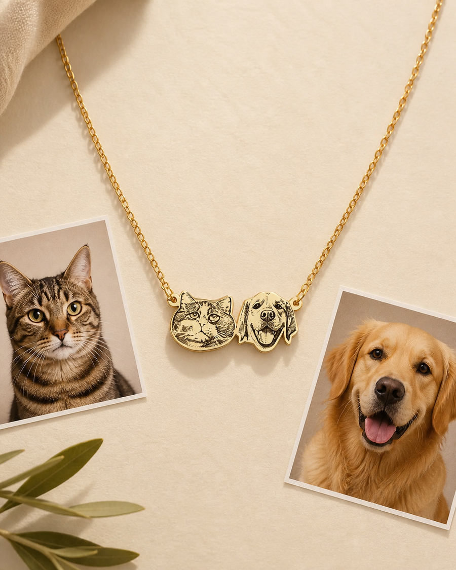 Animorie face-shaped custom pet portrait necklace image for “What Happens to Your Pet Photo After You Upload It?”