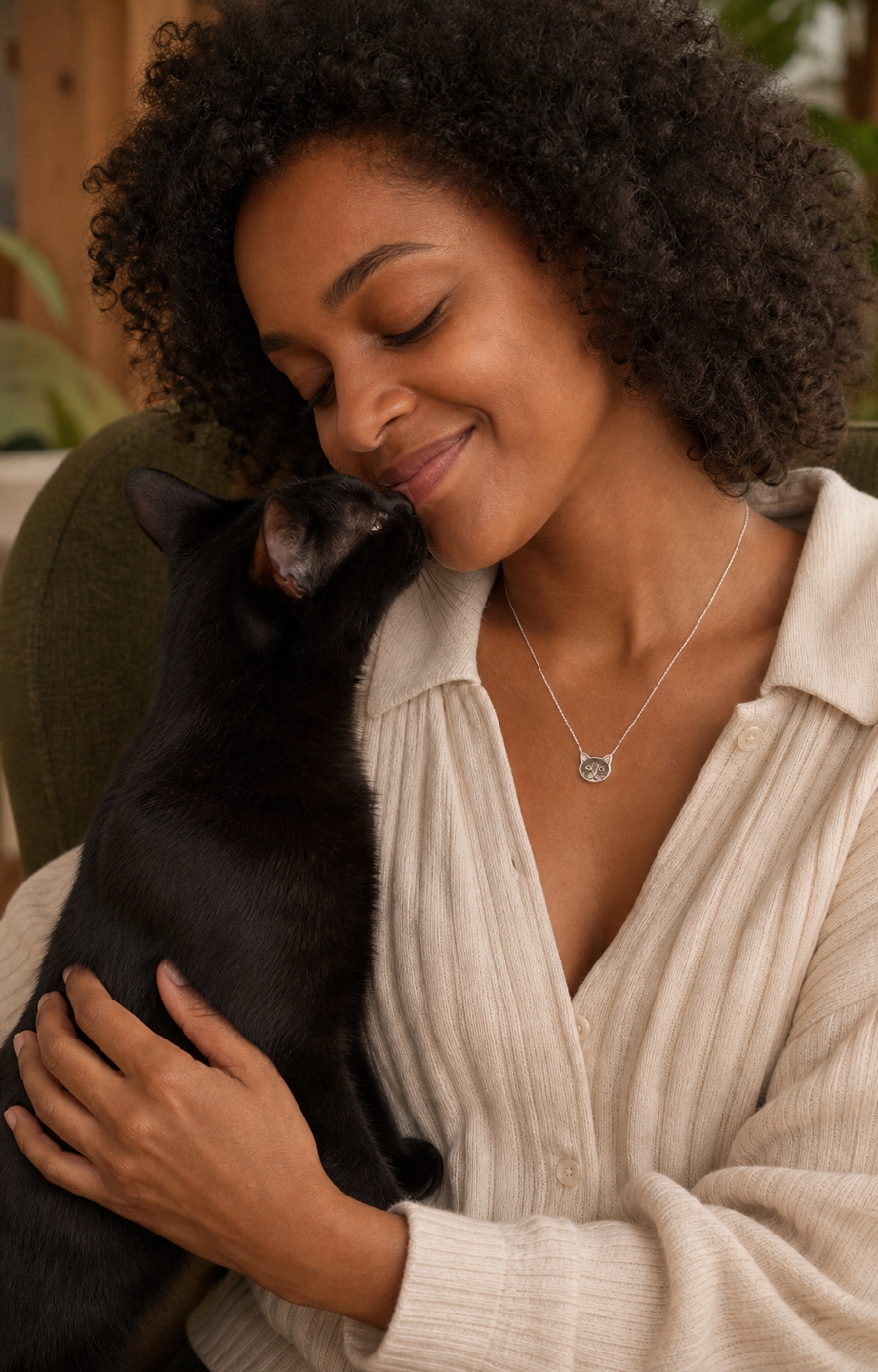 Animorie face-shaped custom pet portrait necklace image for “How to Photograph Dark Eyes on Dark Fur”