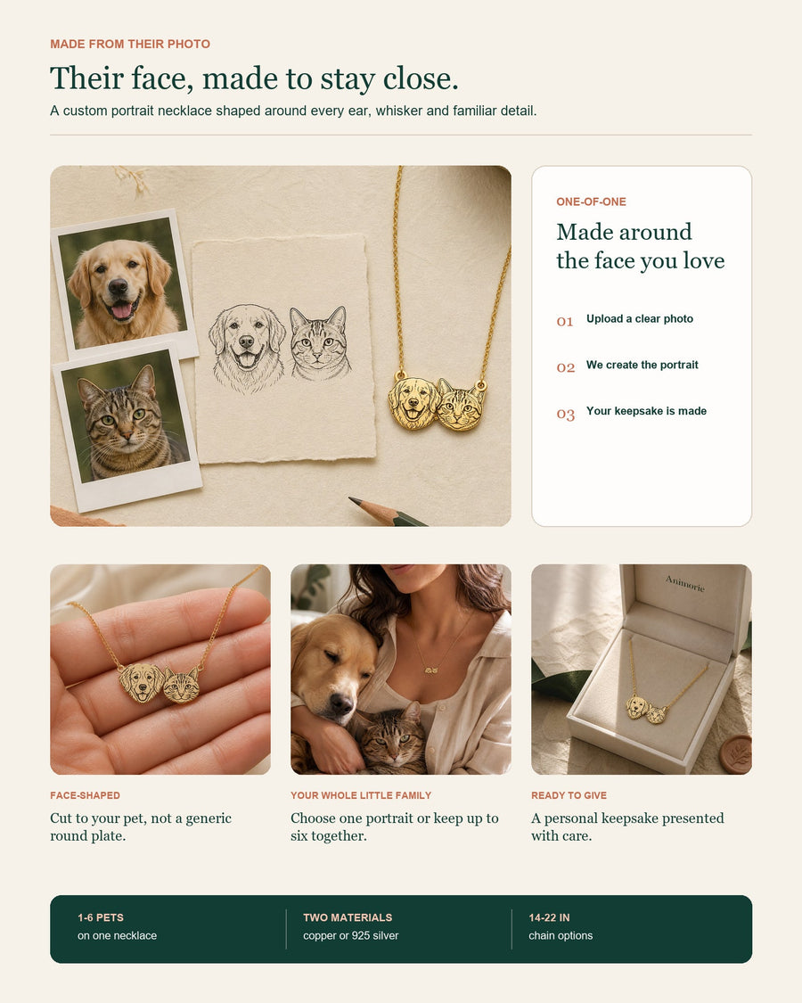 Animorie face-shaped custom pet portrait necklace image for “A Custom Pet Necklace Order Checklist Before Checkout”