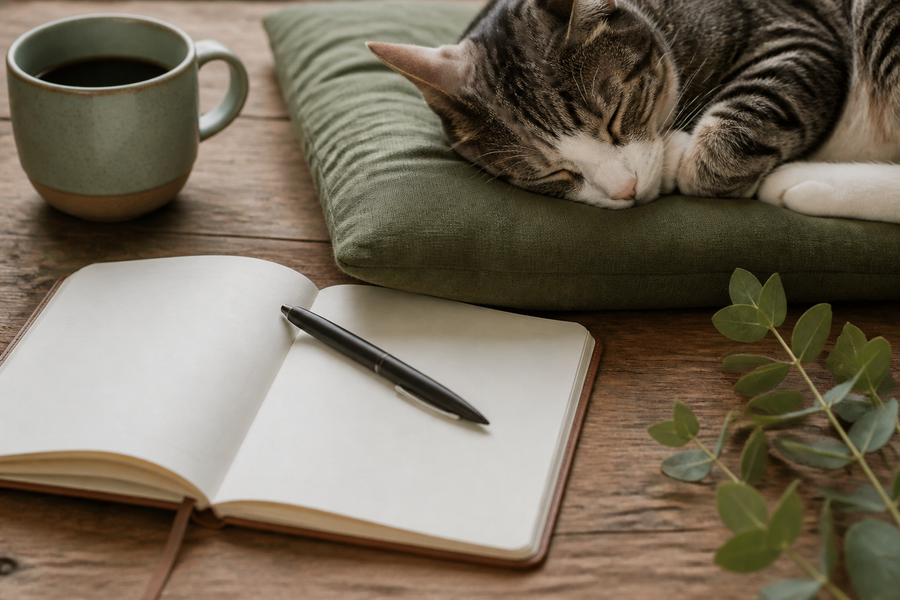 Journal beside close photographs of paws ears whiskers and a favorite sleeping pose