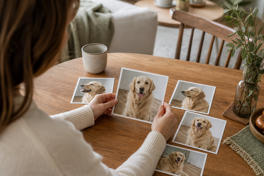 A person comparing several photographs to choose one clear pet portrait reference