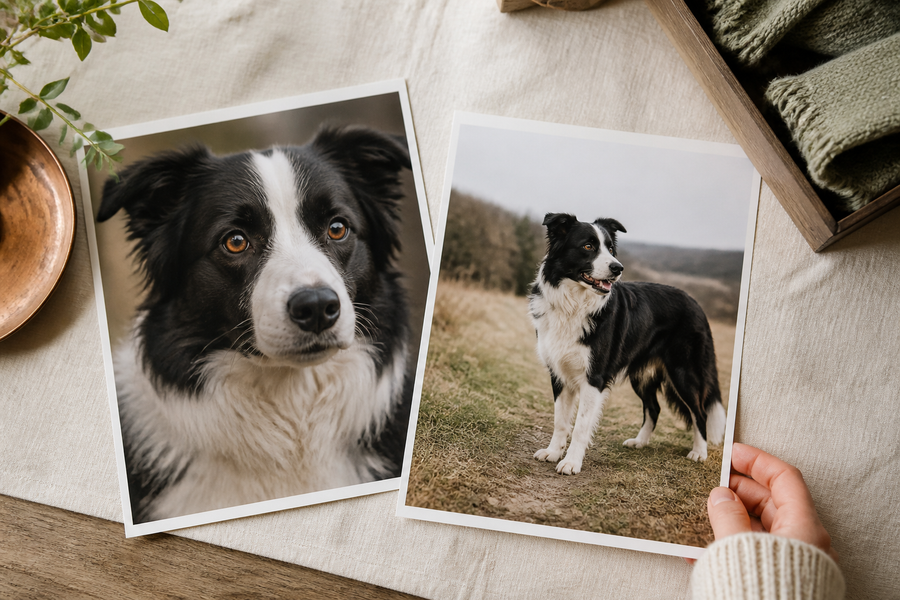 Close-face and full-body photographs of the same dog compared side by side
