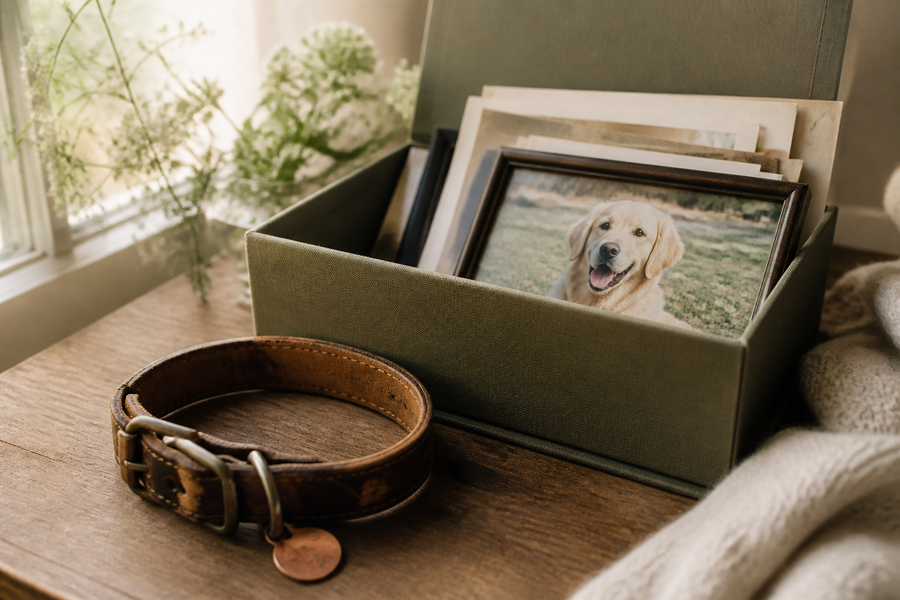 A pet collar and photograph kept carefully in a simple memory box