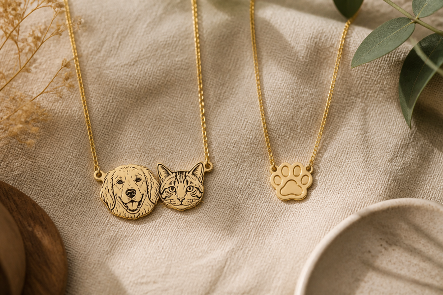 A pet portrait necklace and paw print necklace compared side by side