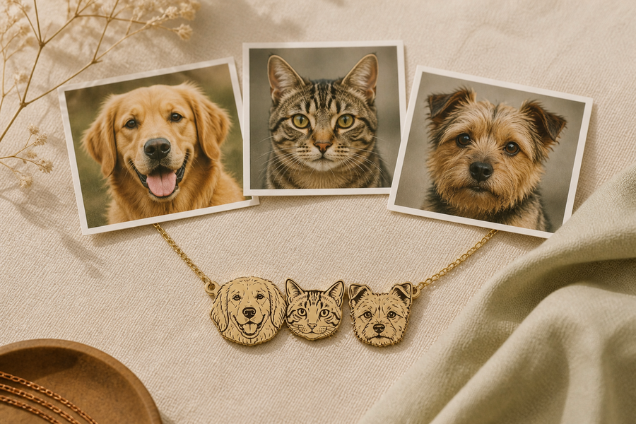 Three pet photographs arranged with a matching three-pet portrait necklace