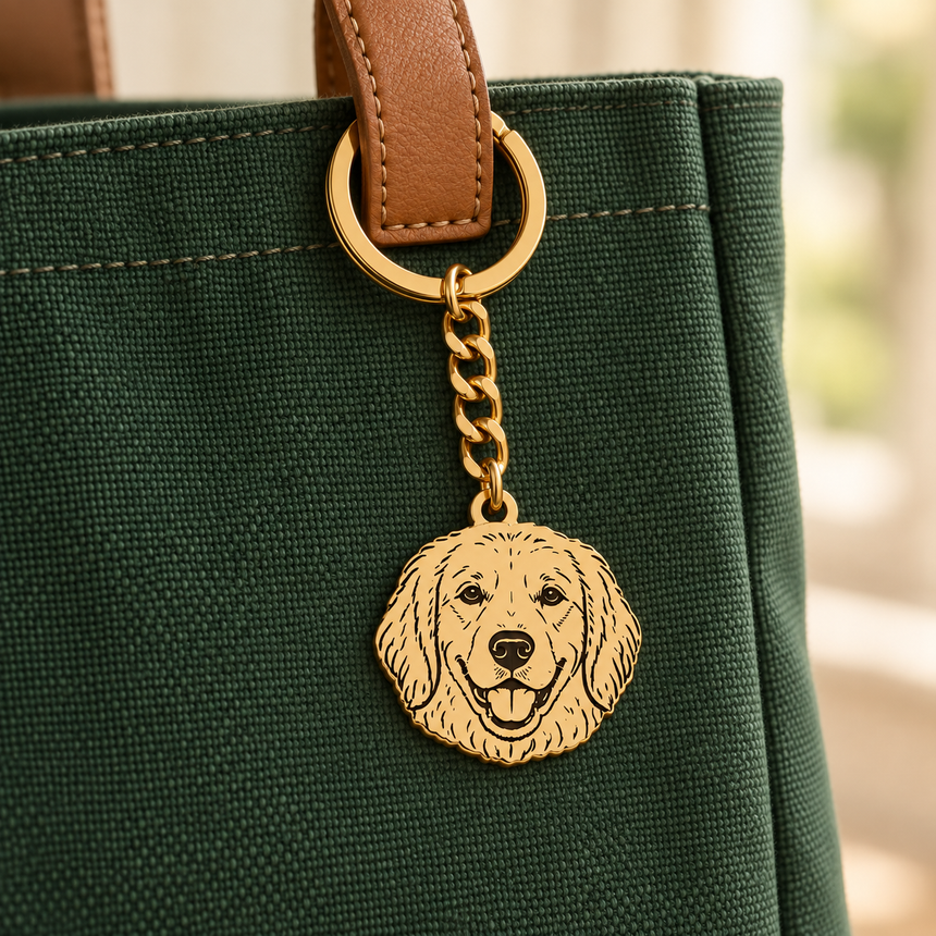 Single pet portrait keychain attached to a canvas bag