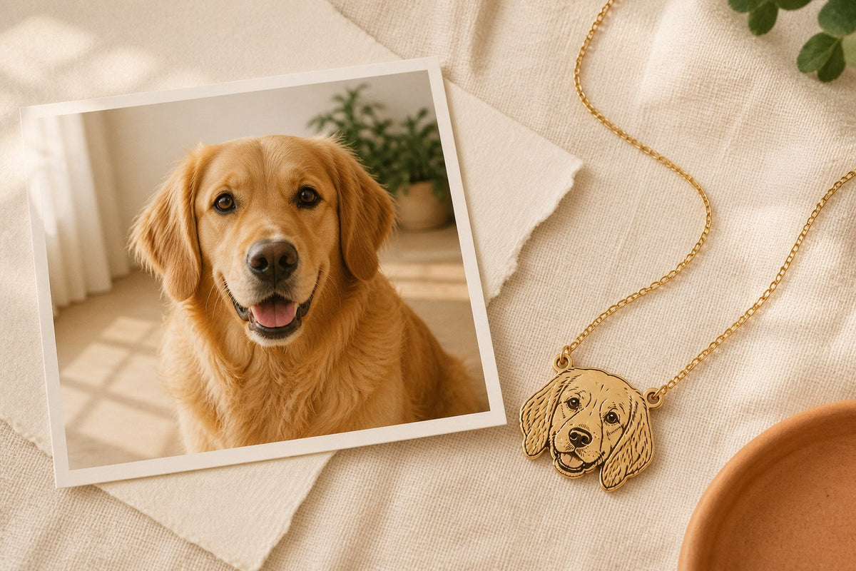Animorie face-shaped custom pet portrait necklace image for “What Matters More Than Megapixels in a Pet Portrait Photo?”