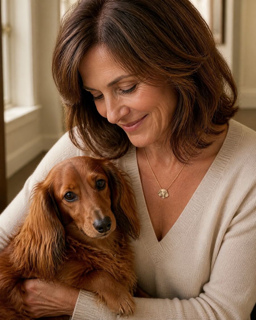 Animorie face-shaped custom pet portrait necklace image for “How to Photograph a Senior Pet Without Making Them Pose”