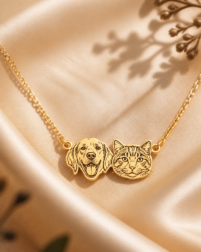 Animorie face-shaped custom pet portrait necklace image for “Face-Shaped Pet Portrait or Round Engraved Pendant?”