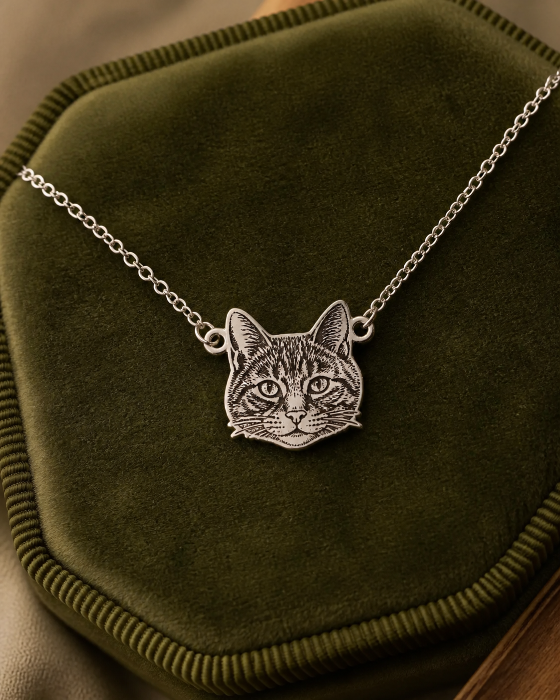 Animorie face-shaped custom pet portrait necklace image for “Photo Locket or Pet Portrait Necklace: Which Feels More Personal?”