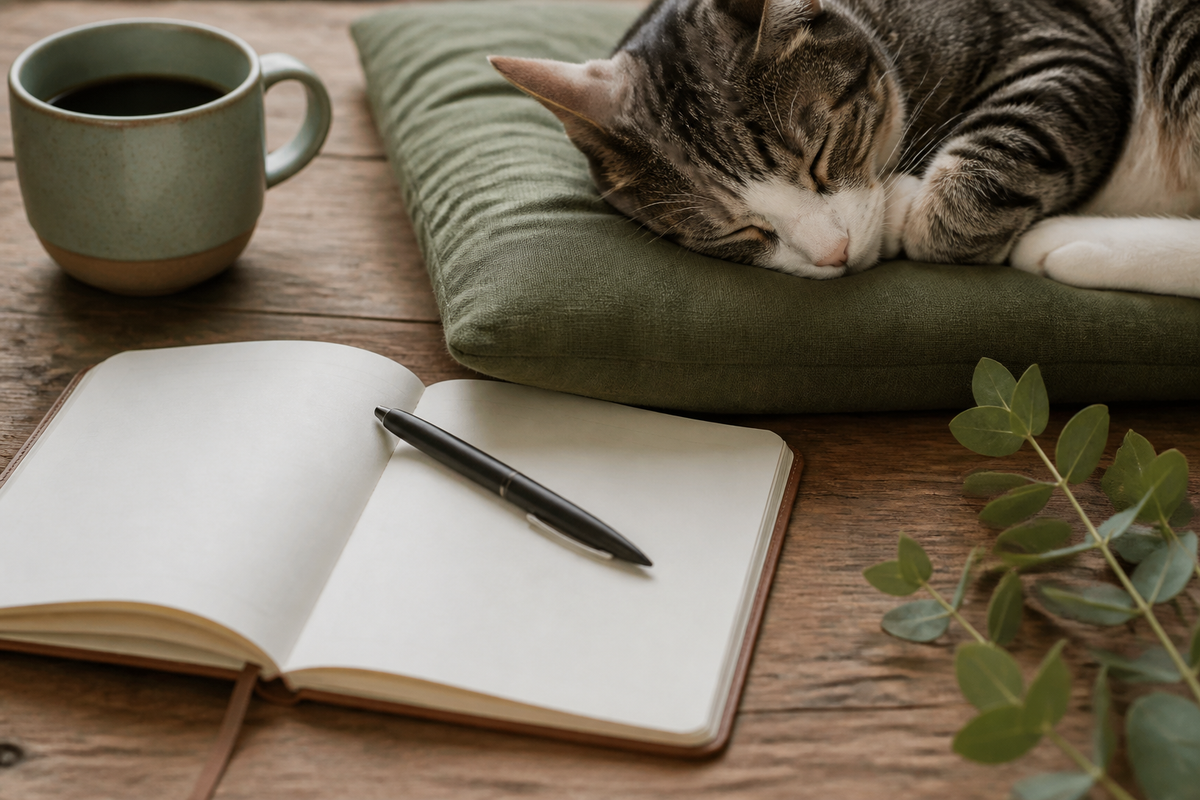 Journal beside close photographs of paws ears whiskers and a favorite sleeping pose
