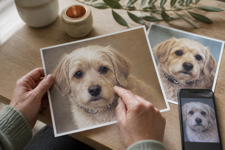 A blurry favorite pet photo compared with a clearer reference photograph