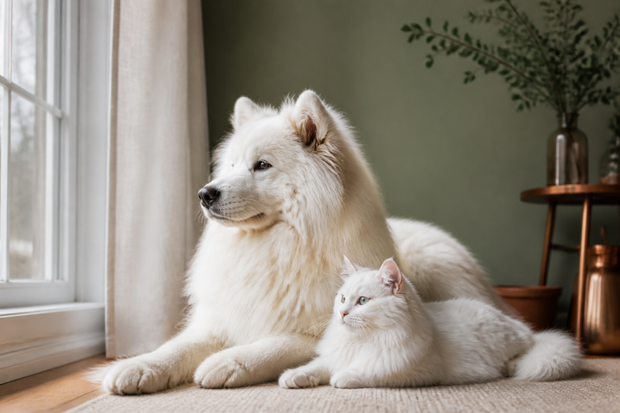 A white dog and cat in soft window light with visible fur detail