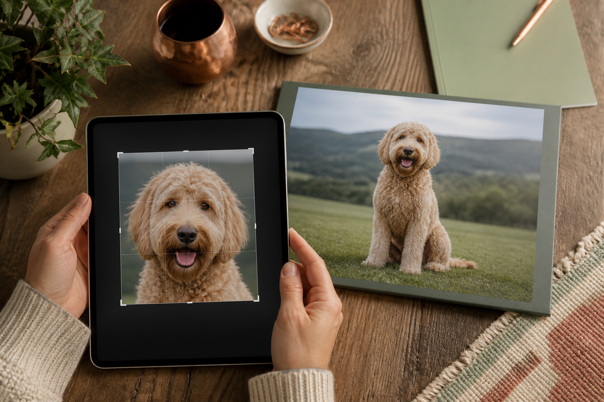 An original pet photograph beside a carefully cropped portrait version