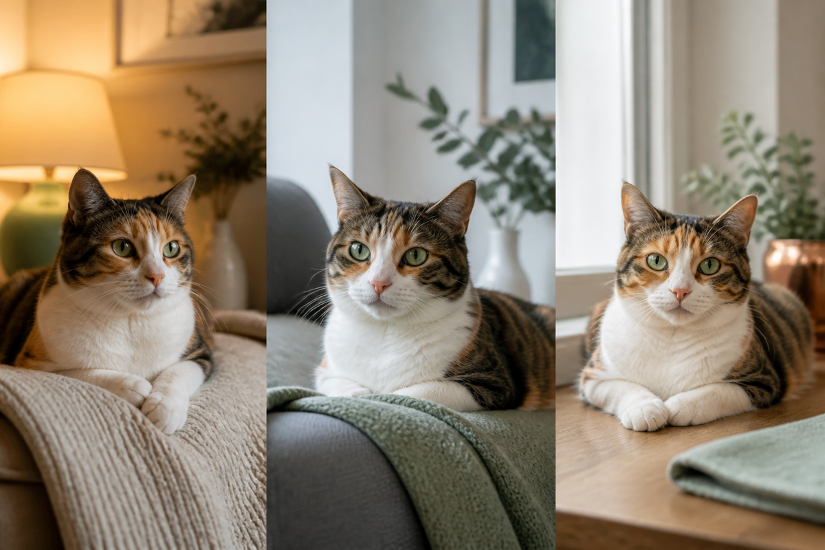 The same cat showing different fur colors under warm, cool, and neutral light