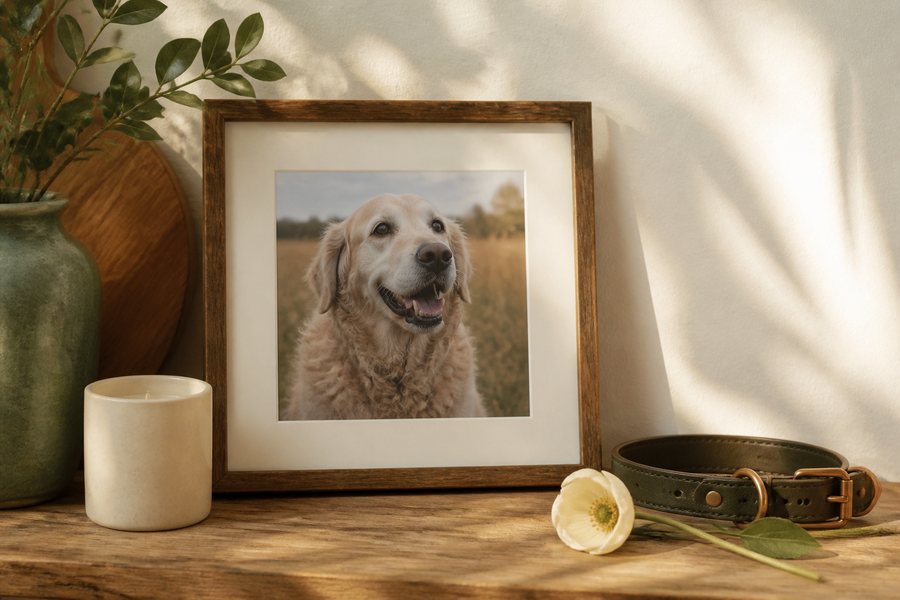 A quiet birthday remembrance with a pet photograph, collar, and flower