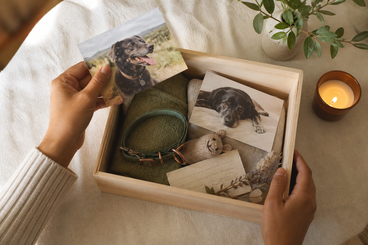 A simple pet memory box being arranged with photographs, collar, toy, and note