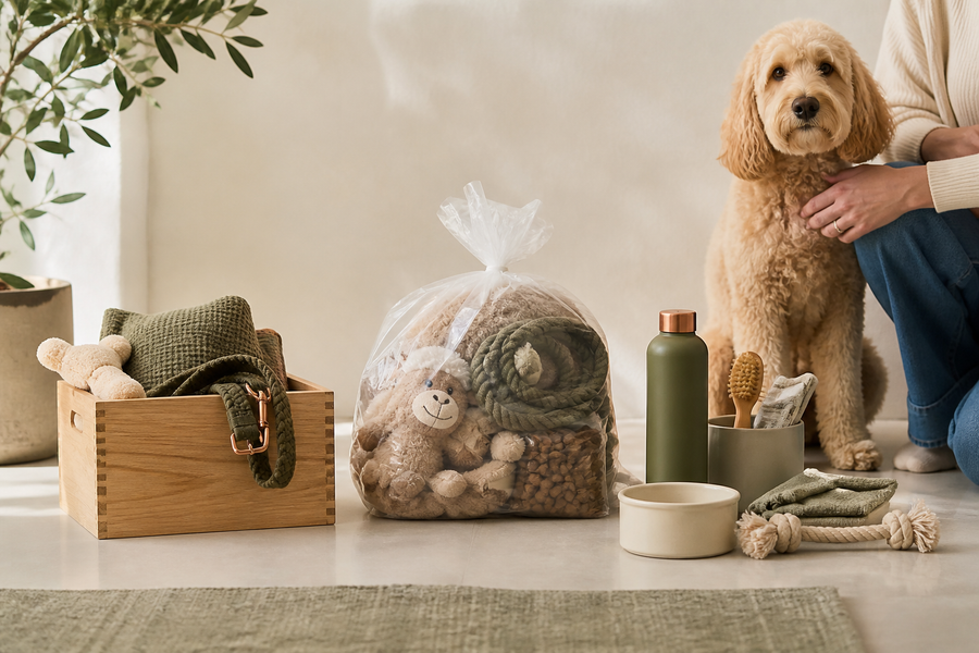 Pet belongings sorted gently into keep, pause, and donate groups