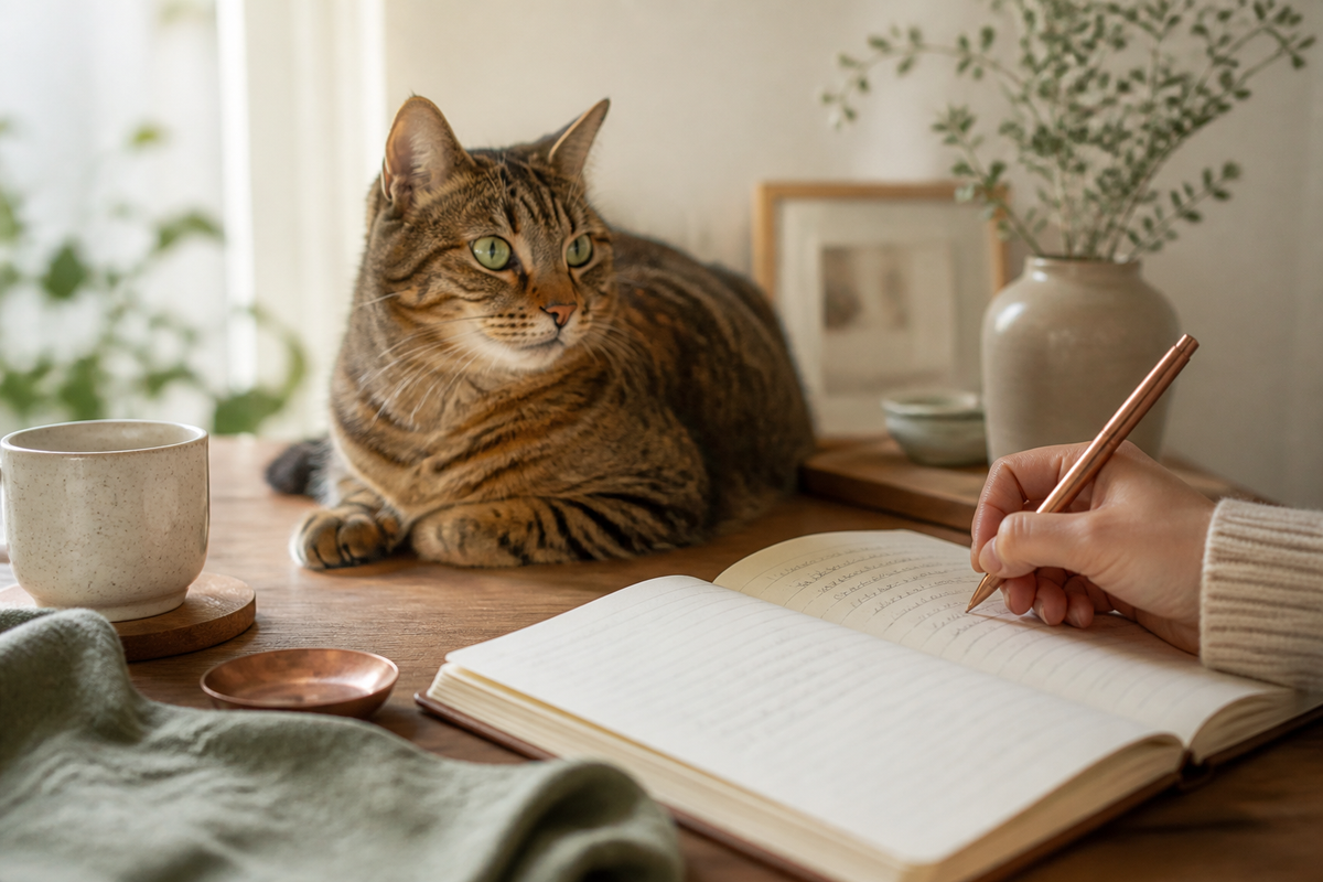 A person writing the story behind a favorite pet photograph