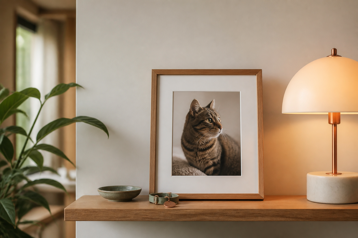 A quiet pet memorial corner with one photograph and a few meaningful objects