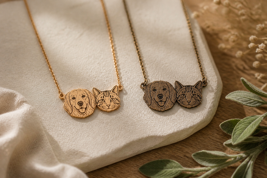 Bright and naturally darkened copper portrait jewelry shown side by side