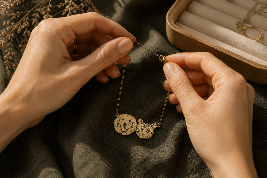 A delicate portrait necklace being untangled carefully on a soft cloth