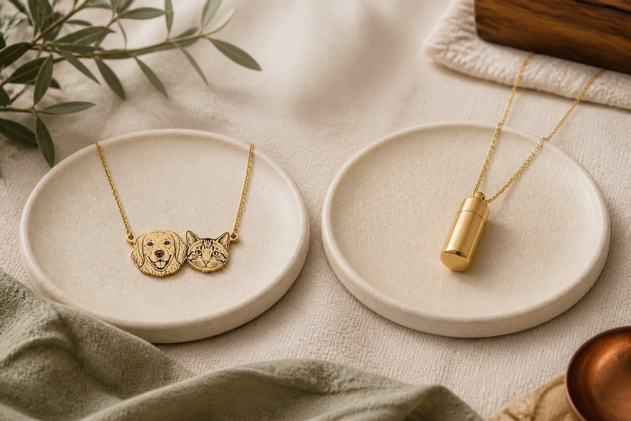 A pet portrait necklace and a closed urn necklace shown as two different keepsakes