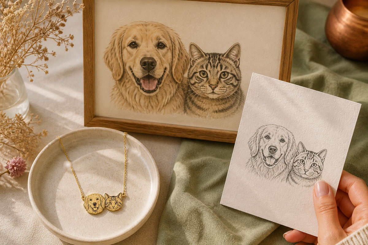 A pet portrait necklace, framed print, and tattoo sketch compared as keepsake options