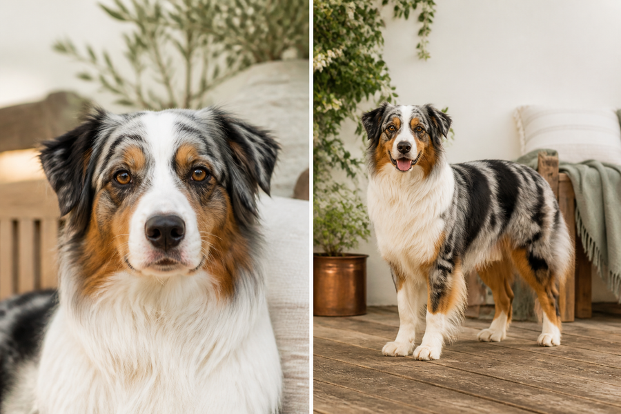 Head and full-body portraits of the same dog compared for a keepsake