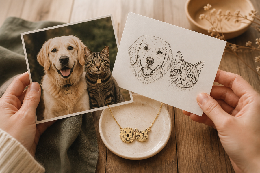 A pet photograph, portrait proof, and finished necklace compared for likeness