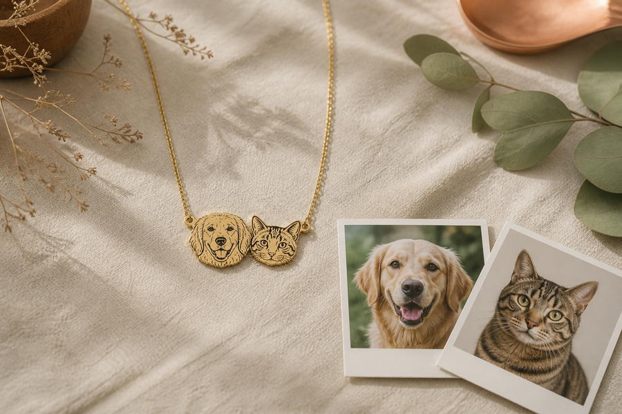 A dog and cat portrait necklace displayed beside the two reference photographs