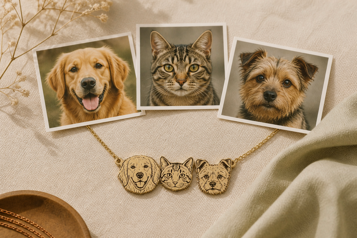 Three pet photographs arranged with a matching three-pet portrait necklace