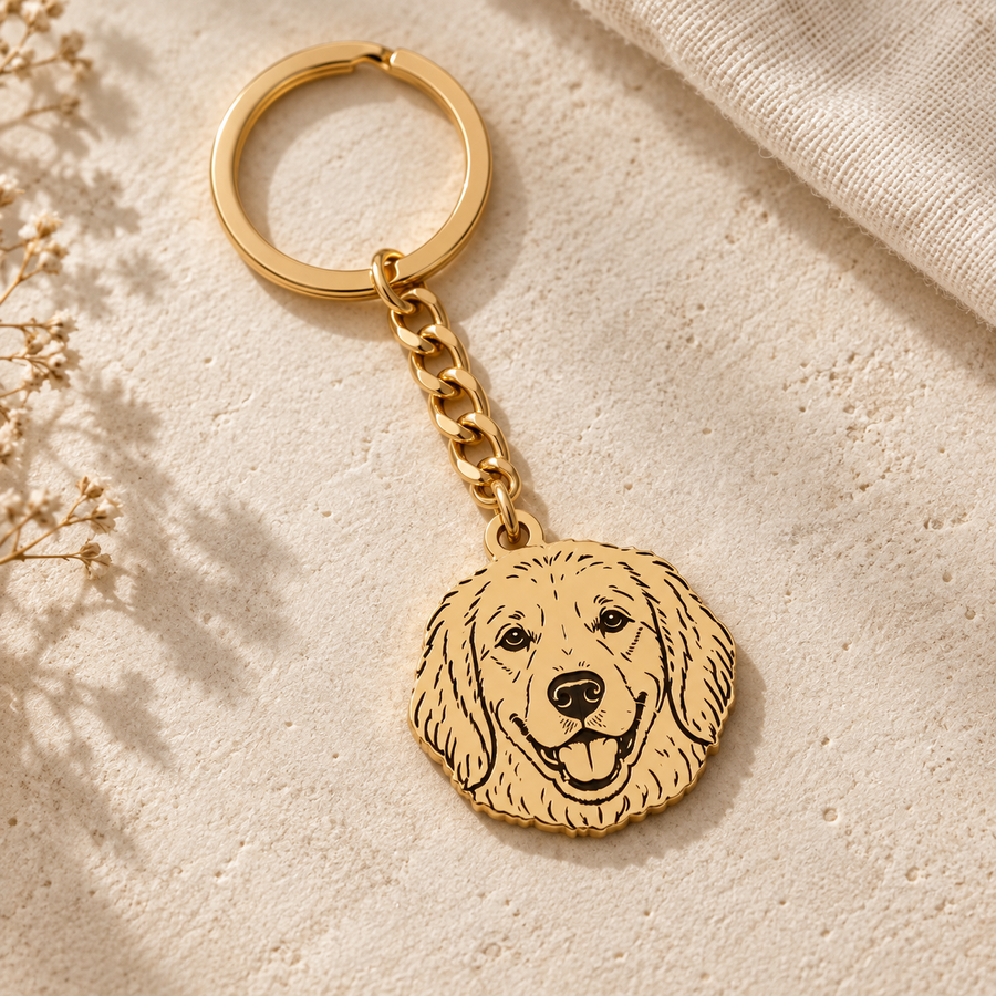 Custom pet keychain with a single golden retriever face-shaped engraved charm