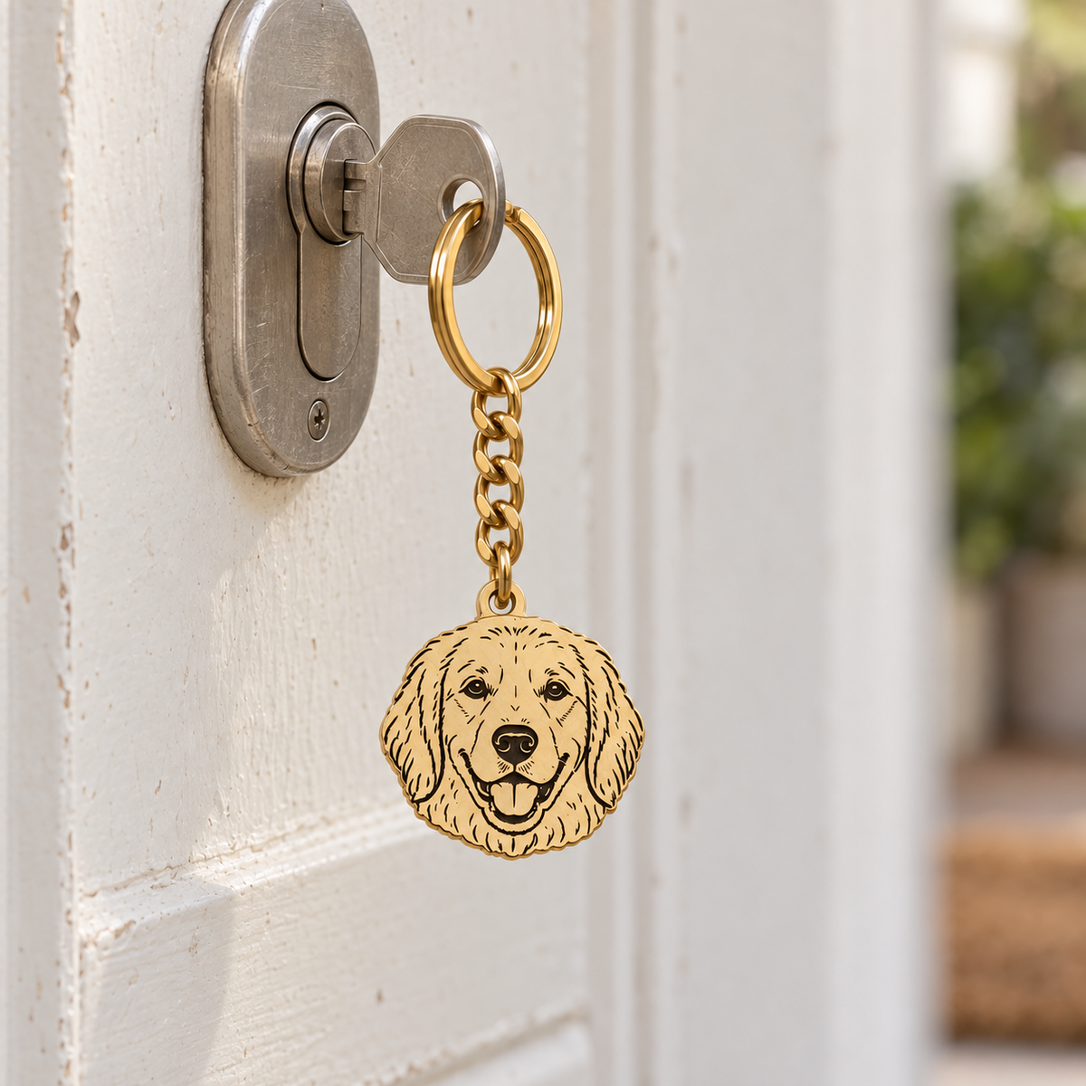 Single pet portrait keychain hanging from a house key inserted in a door lock