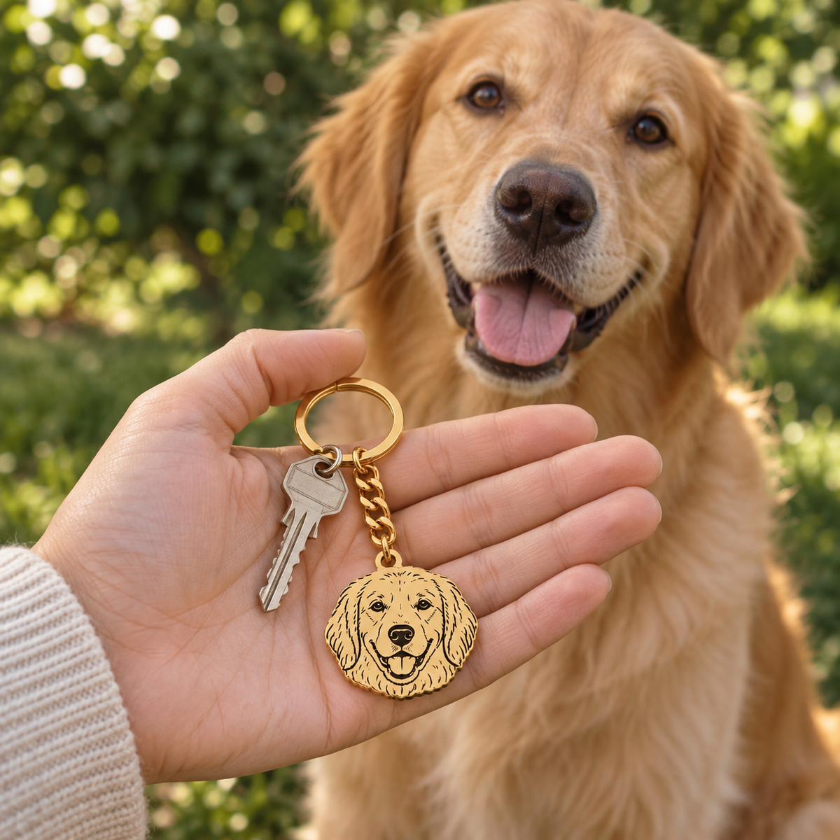 Golden retriever beside its matching single-pet portrait keychain