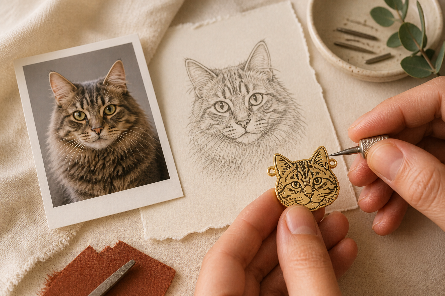 An artist translating a pet photograph into a custom face-shaped portrait charm