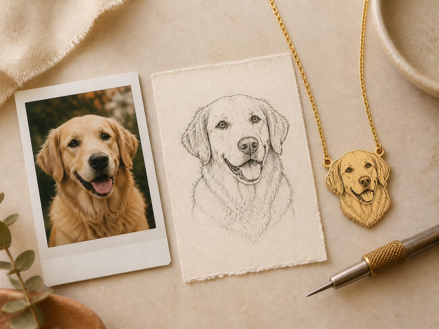 A custom pet portrait necklace being carefully finished by hand