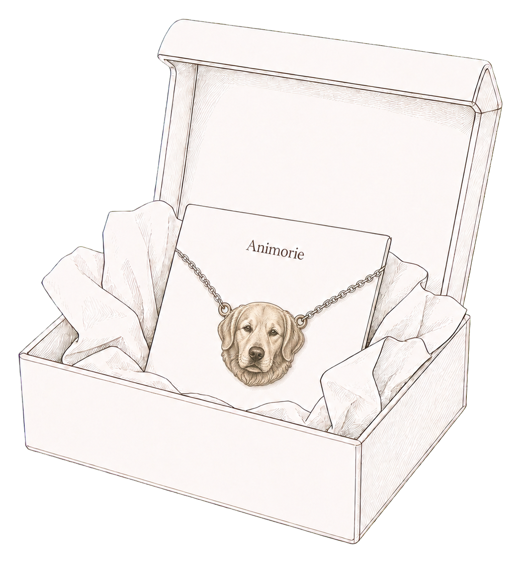 Custom pet portrait necklace presented inside an Animorie gift box
