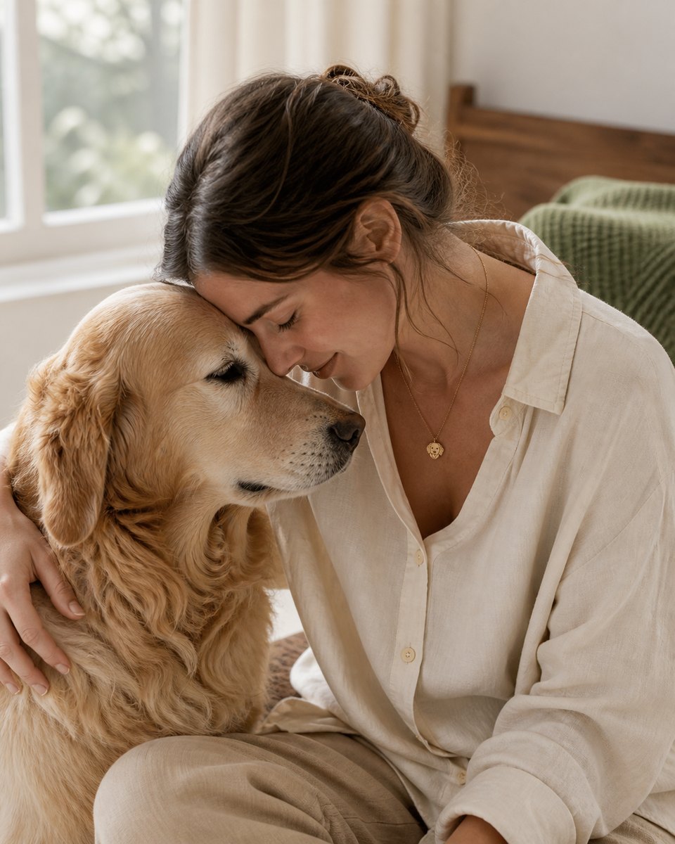 A woman sharing a quiet moment at home with her golden retriever while wearing a small personalized pet portrait necklace