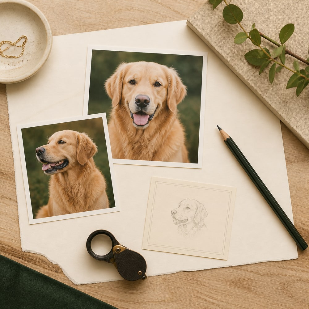 Two golden retriever reference photographs being reviewed for a personalized portrait