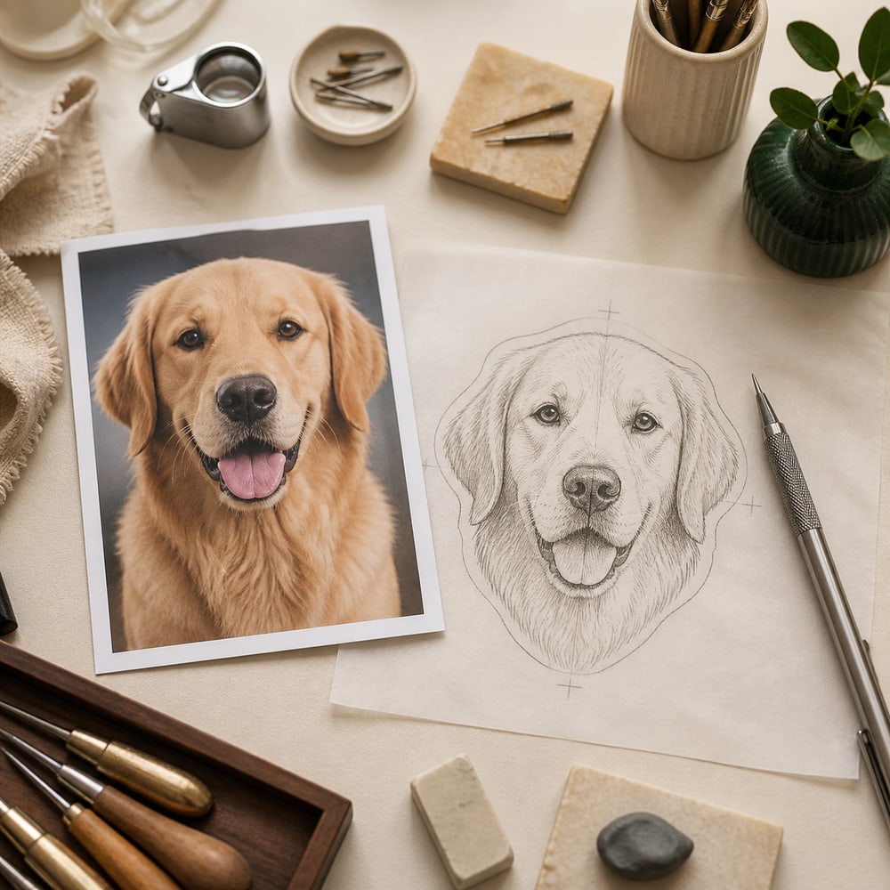 A golden retriever photograph beside a matching refined line portrait