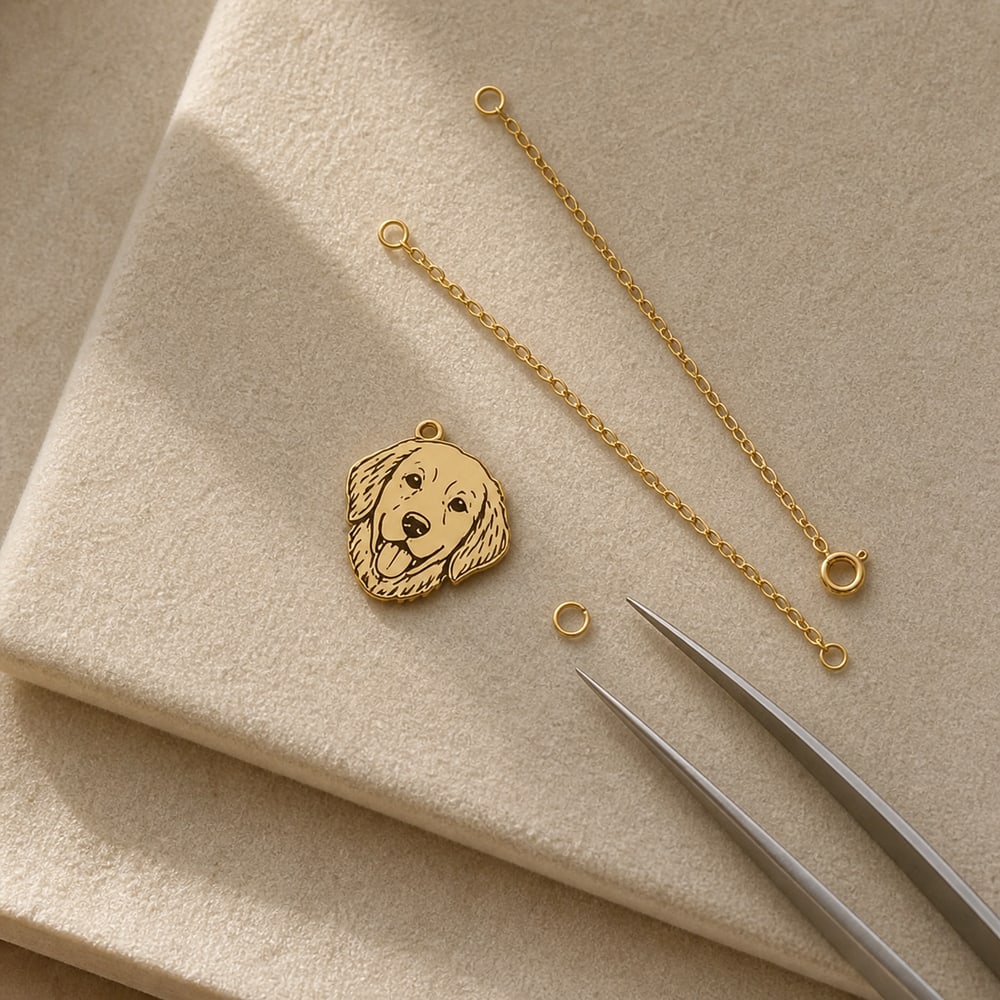 A flat engraved golden retriever portrait component, chain and connecting ring being checked before assembly