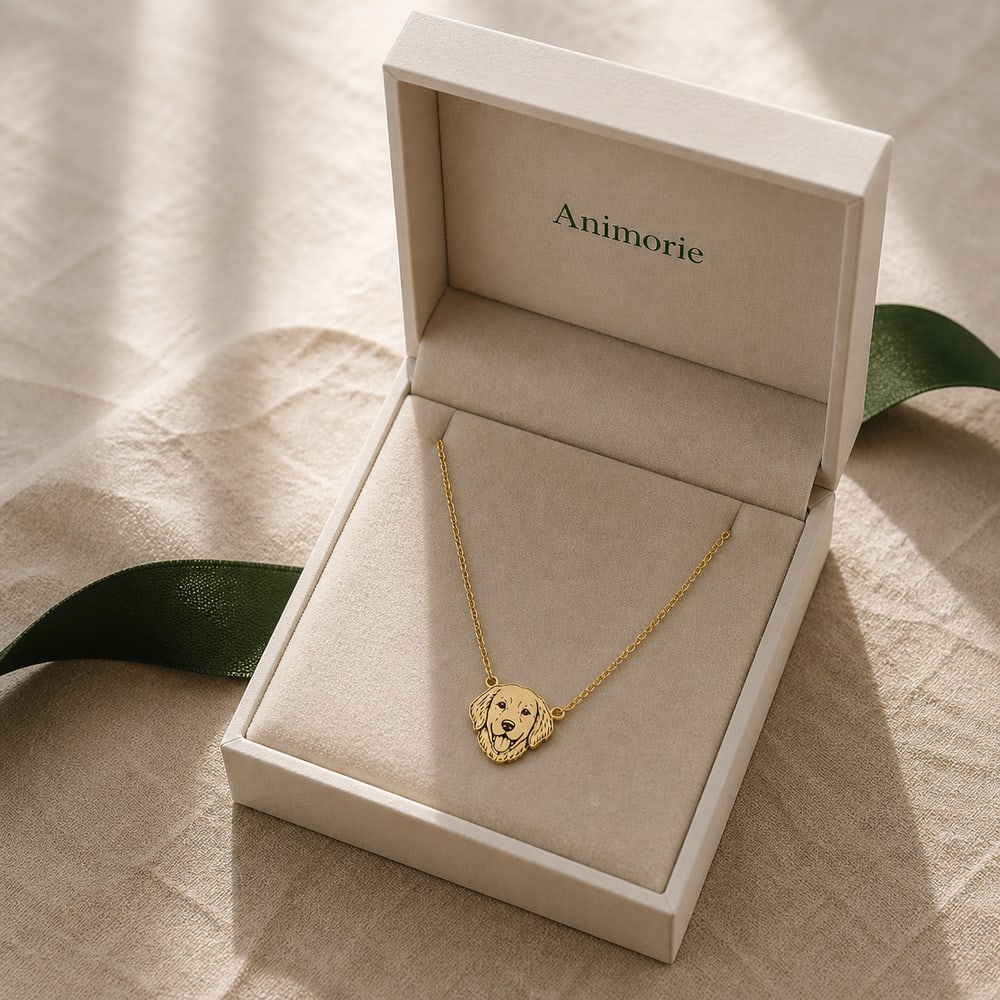 A flat engraved golden retriever portrait necklace arranged inside an Animorie jewelry box