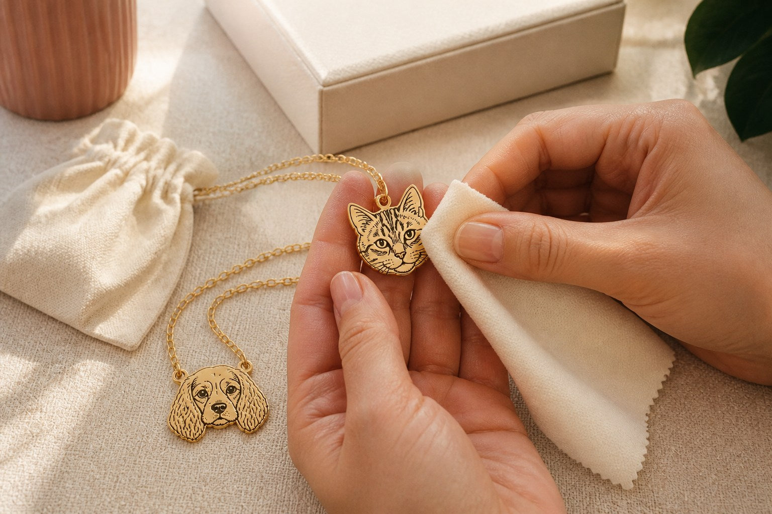 A face-shaped pet portrait necklace being gently cleaned with a soft dry cloth