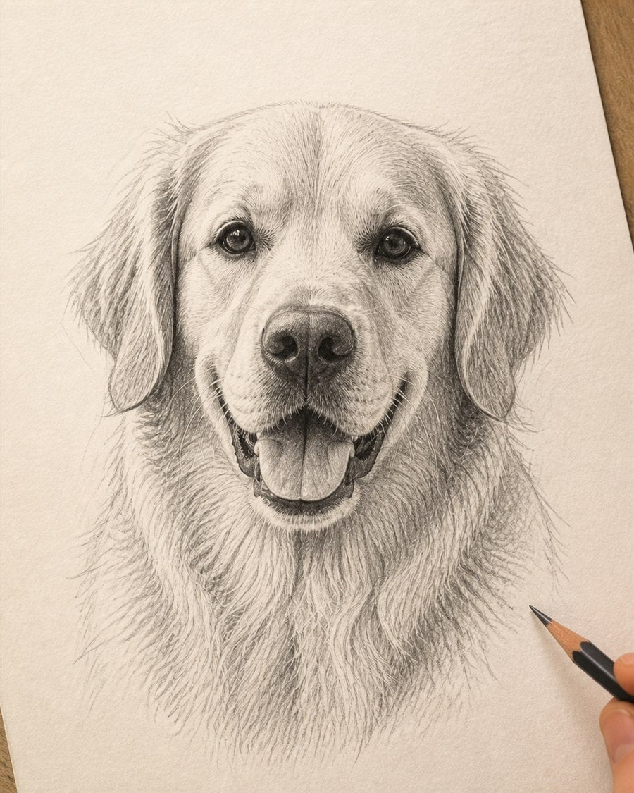 Artist-created portrait of the same golden retriever